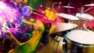 Live music and concert background. Guitarist and drummer and singer.Night entertainment and festival events.